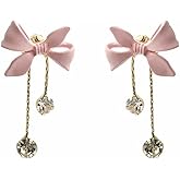 Chic Pink Bow CZ Stud Earrings for Women Gold-Toned Cubic Zirconia Chain Tassel Charms Drop Dangle Studs Earring Cartilage Tragus Post Lovely Fashion Wedding Valentine Jewelry