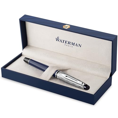 Waterman Expert Fountain Pen | Metal & Blue Lacquer | Chiselled Cap | Stainless Steel Fine Nib | Blue Ink | Gift Box