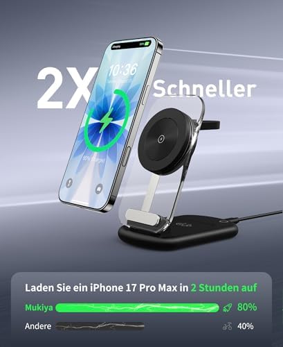 Induktive Ladestation, 3 in 1 Mag Safe Ladestation Kompatibel mit iPhone 17 16 15 14 13 12 Pro Max/Air/Plus/Pro, für Apple Watch10/9,Airpods 3/2/Pro, Faltbar,Carbon Schwarz