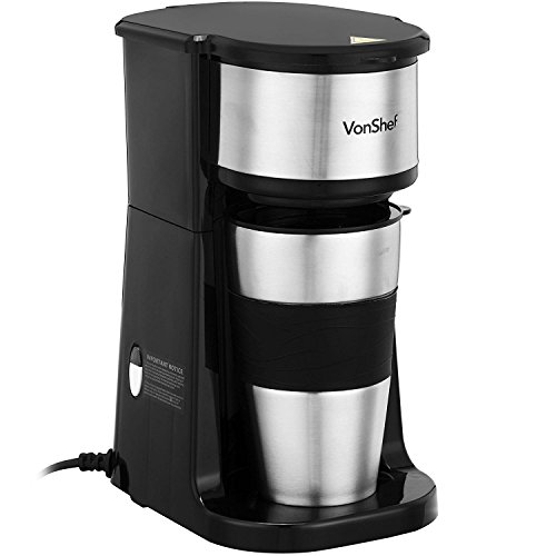 Vonshef 220 240 volts Coffee Maker Single Cup 14 OZ Travel Mug & Lid with Reusable Filter bundle with Dynastar plug adapters (220V NOT FOR USA)