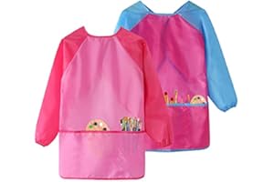 GODR7OY Kids Art Smocks, Painting Apron Artist Smock with Sleeve and 3 Pockets 2 Pack Black/White Set