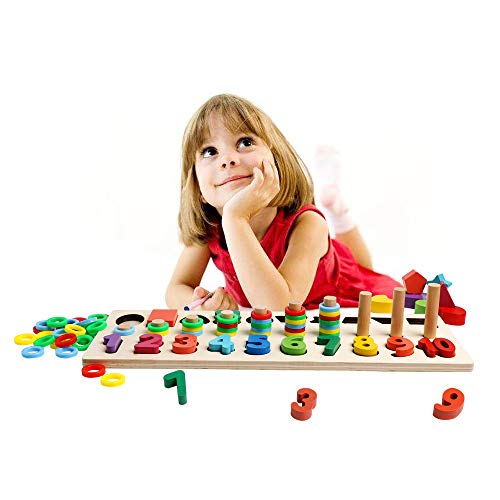 JCREN Wooden Blocks Puzzle Board Set for Tooddler Color Shape Sorting Number Counting Puzzle Blocks Math Stacking Early Development Toys Gift Montessori Toys for Preschool Kids