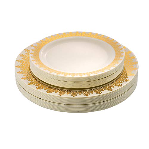 40 Piece Gold Plastic Plates, Ivory and Gold Rim Plastic Disposable Holiday Plates Thanksgiving, Christmas Dinnerware Includes: 20 10.25" Dinner, 20 7.25" Salad - Posh Setting