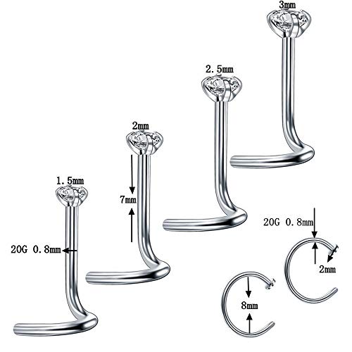 Jconly 22Pcs Nose Piercing Kit 20G Stainless Steel Zircon Nose Nail Nose Rings Piercing Hoops with Piercing Needles Piercing Clamps