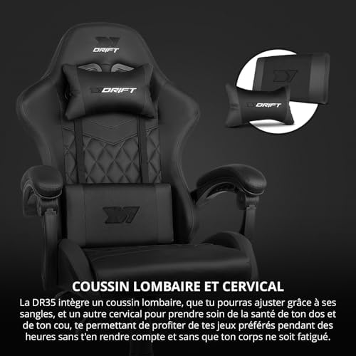 DR35 - Chaise Professionnelle, Similicuir, Accoudoirs rembourrés, Piston Classe 3, Base en Nylon renforcé, Siège inclinable, Hauteur réglable, Coussin Lombaire/Cervical, Noir