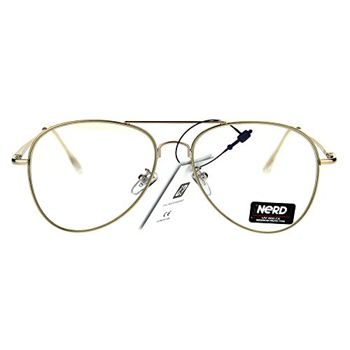 Classic Gold Aviator Glasses Clear Lens Metal Frame Spring Hinge UV 400