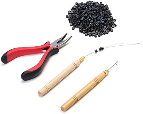 3 Pc Kit Hair Extension Tool for Micro Ring Link Hair and Feather Extensions:Pliers, Micro Pulling Needle, and Loop Threader With 500Pcs 5mm Micro Silicone Rings Beads (BLACK)