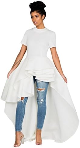 Kangma Women Short Sleeve High Low Peplum Dress Bodycon Casual Party Club Dress White