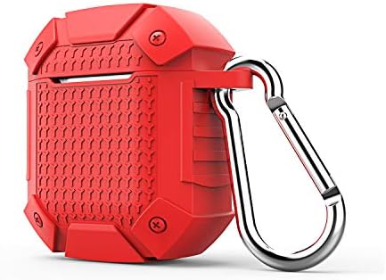 Rugged Case for Airpods Case,Solomo Luxury Heavy Duty Armor Defender Shockproof Protective Silicone Cover and Anti Slip Skin with Keychain Carrying for Apple Airpods 1/2 Case (Not for Wireless) (Red)