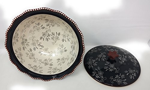 Temp-tations 3 qt Serving Bowl with Lid, Stoneware, Scallop & Flange Edge …(Floral Lace Black) - Thumbnail 3
