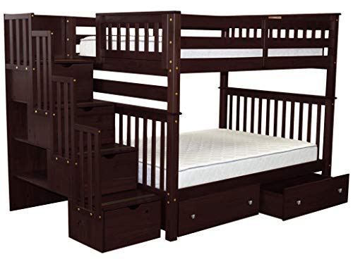 Bedz King Stairway Bunk Beds Full over Full with 4 Drawers in the Steps and 2 Under Bed Drawers, Cappuccino