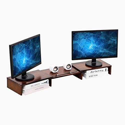 HUVIBE Bamboo Dual Monitor Stand Riser with Length and Angle Adjustable, 3 Shelf Multifunctional Screen Desktop Organizer for Laptop Computer, TV, PC, Printer, Multi Media Speaker-Walnut