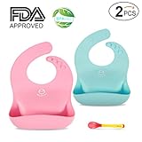 Blusmart Baby Bibs, Comfortable Soft Waterproof Silicone Bib, Easy to Carry Clean Safe Feeding and Stain Resistant - Mom Will Spend Less Time Cleaning up, Include one Silicone Spoon