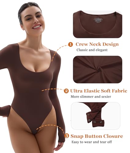 YIANNA LONG SLEEVE BODYSUIT FOR WOMEN DOUBLE LAYER SEXY BODY-HUGGING THONG BODY SUIT TOPS，YA5260-COCOA-XL