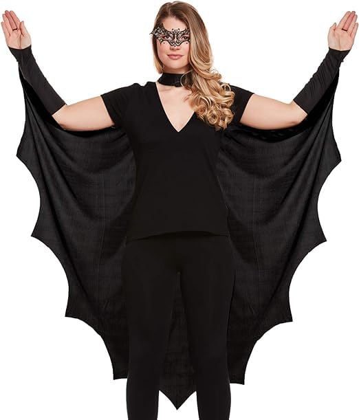 Lizzy Gothic Vampire Bat Wings Cape with Black Lace Mask | Adult Halloween Fancy Dress Costume Accessory | Full Cape for Women & Men Cosplay, Masquerade & Carnival (Adult)