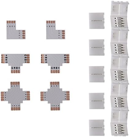 elcPark 10pcs 4Pin Corner Connector Kit for Non-waterproof 5050 RGB LED Strip Light Free Solder L-Shape T-Shape
