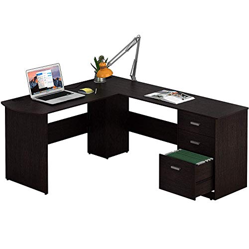 SHW LShaped Home Office Wood Corner Desk with 3 Drawers, Espresso Pricepulse