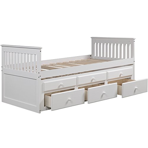 OCGIG Twin Rake Bed with Trundle Unit and Three Drawers Solid Wood US Stock,White
