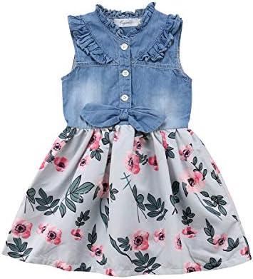 Sumice Little Girls Princess Dress Denim Floral Print Sleeveless Skirt Dresses