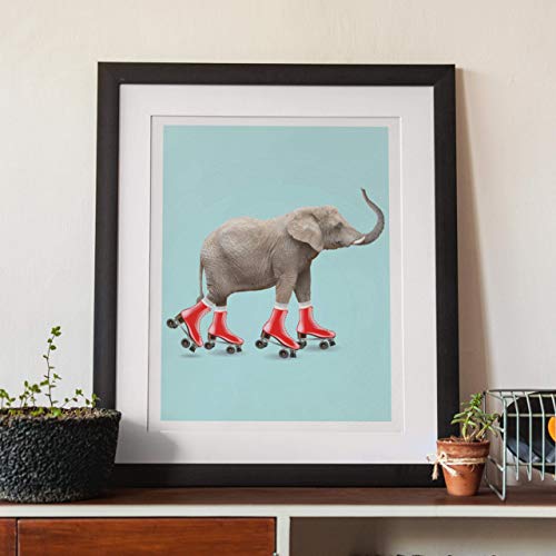 Elephant Roller Skating Art Print Poster - Fun and Cute, Elephant on Red Roller Skates Kid's Bedroom, Nursery & Home Wall Decor - This Loveable Art Print Poster Measures 11x14 inches, Unframed