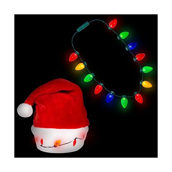 Blinking Light-up Plush Red Santa Hat + LED Christmas Bulb Necklace Kit for Ugly Sweater Xmas Holiday Party - Image 3