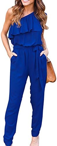 Yuandy BOUTIQUE Women Summer Irregular Ruffles Bandage One Piece Chiffon Jumpsuits Rompers (XL, Blue)