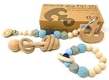 TamyBly Teething and Rattle,Play and Gift Set|5pc BPA Free Natural Wood and Silicone Teething Pacifier Clip and Holder, Teething Bracelet, Teethers and Montessori Styled Baby Rattle (Anchor and Hugs)
