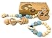 TamyBly Teething and Rattle,Play and Gift Set|5pc BPA Free Natural Wood and Silicone Teething Pacifier Clip and Holder, Teething Bracelet, Teethers and Montessori Styled Baby Rattle (Anchor and Hugs)