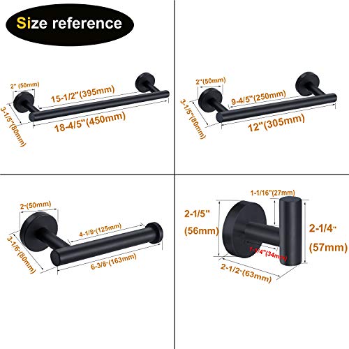 Nolimas 4-Pieces Set Matte Black Bathroom Hardware Set SUS304 Stainless Steel Round Wall Mounted - Includes 18"&12" Hand Towel Bar,Toilet Paper Holder, Robe Towel Hooks,Bathroom Accessories Kit
