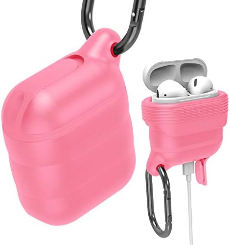Apple Airpods Case 2 & 1 Cover Accessories Kits - Waterproof Shock Resistant Protective Silicone Cover and Skin with Carabiner for Airpods Charging Case (Pink)