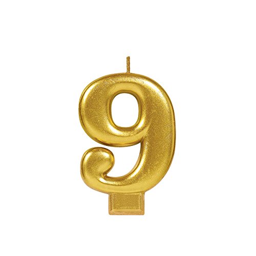 Amscan Birthday Celebration, Numeral #9 Metallic Candle, Party Supplies, Gold, 3 1/4