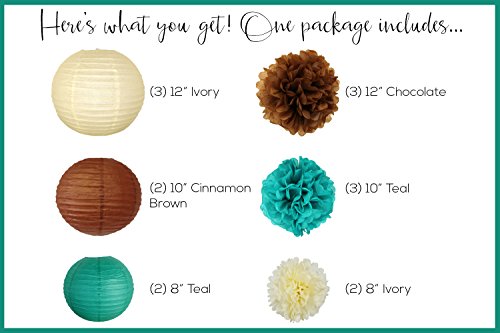Just Artifacts Decorative Paper Party Pack (15pcs) Paper Lanterns and Pom Pom Balls - Ivory/Teal/Browns - Paper Lanterns and DÃ©cor for Birthday Parties, Baby Showers, Weddings and Life Celebrations!