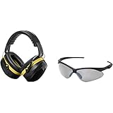 AmazonBasics Safety Ear Muffs Ear Protection, Black and Yellow, and Safety Glasses, Smoke Lens