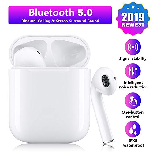 Bluetooth 5.0 Wireless Earbuds Noise Canceling Sports Headphones with【24 Hrs Charging Case】 IPX6 Waterproof TWS Stereo Earphones in-Ear Built-in HD Mic Headsets Pop-up Pairing for iPhone Android Apple