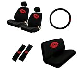 11-piece Seat Cover Set Black Polyester Fabric Featuring Sassy Embroidered Design - Red Hot Kiss