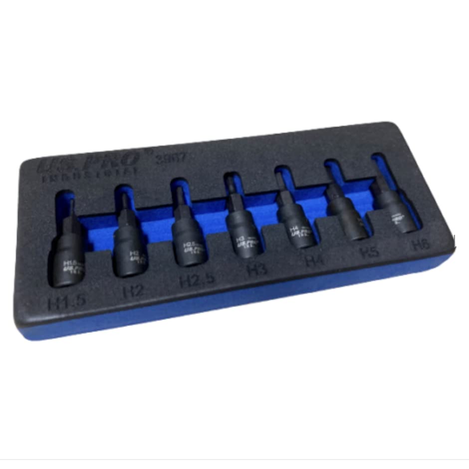 US PRO INDUSTRIAL Impact Hex Allen Key Bit Socket Set Hexagon 1/4''Dr 7-Piece S2 Steel H1.5-H6, (3967)