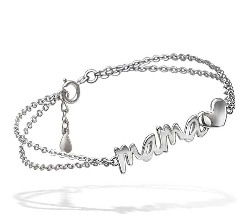 Tourmaline 925 Sterling Silver Mama Bracelet with Double Heart Chain Gift Bracelet Mother's Day Valentine's Birthday Gift Mom Gift with Gift Box, Sterling Silver