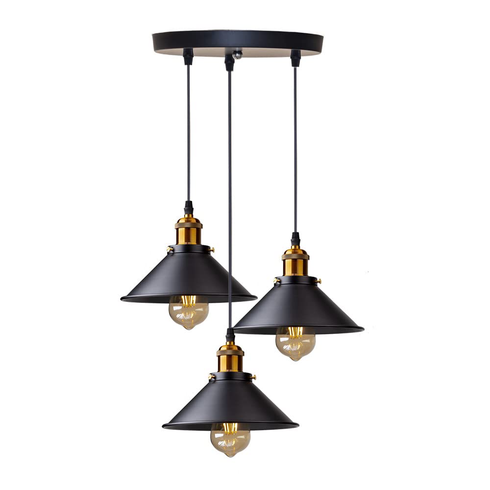 DELIPOP Vintage 3-Light Hanging Pendant Light Height Adjustable, Industrial Hanging Ceilings Fitting, Metal Ceiling Light for Dining Room Kitchen Foyer Hallway Entryway Bedroom (E27 Base, NO Bulbs)