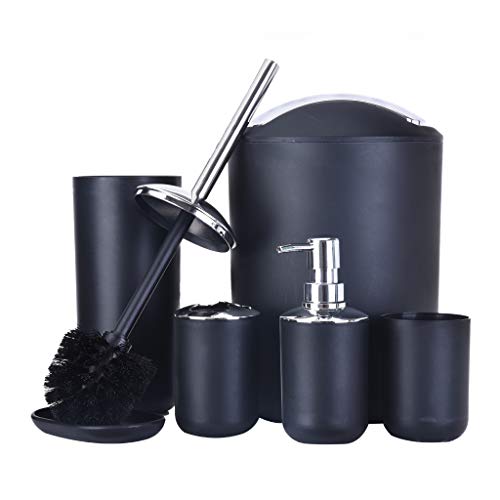 Beyonds Bathroom Accessories Set, 6 Pcs Plastic Gift Set Vanity Accessory Toothbrush Holder,Toothbrush Cup,Soap Dispenser,Soap Dish,Toilet Brush Holder,Trash Can (Black)