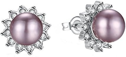 Women's Platinum-Plated Spherical Purple Synthetic Pearls Stud Earrings