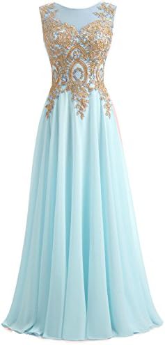 Kivary Gold Lace A Line Long Chiffon Women Formal Corset Prom Evening Dresses