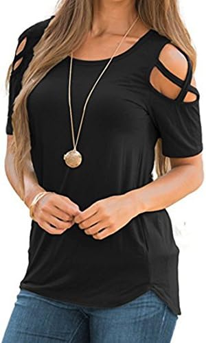 QYdress Women Summer Short Sleeve Strappy Cold Shoulder T-Shirt Tops Blouses (Black, M)