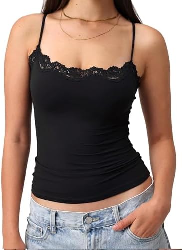 Women's Sexy Square Neck Lace Trim Cami Tank Tops Fitted