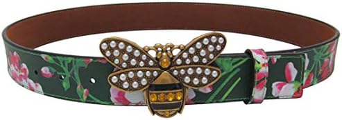 Fashion Women Leather Flower Print Belt Pearl Rhinestone Bee Buckle Lady Belt Gift