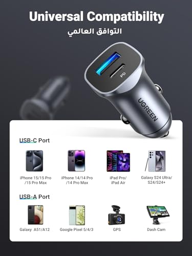 UGREEN PD 24W Car Charger Fast Charging Dual USB Phone Plug Adapter Car Charger Type C Compatible with iPhone 17 Pro Max/16 Pro/15/14/13x/12/11, iPad, Samsung S25/S24, Huawei Mate60,etc
