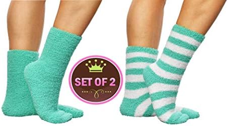 ARAD Premium Soft Warm Microfiber Fuzzy Socks-Multi Color- 2 Pairs- Striped Aqua and Solid Aqua