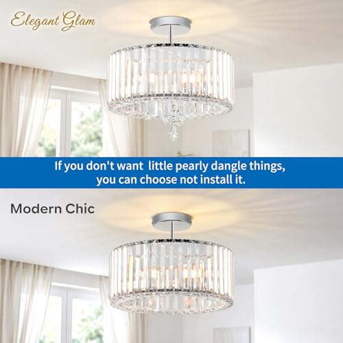 ANWIO Modern Crystal Ceiling Light, Silver Ceiling Light, Chandelier with 3 E27 Base, Glass Shade for Hallway, Entrance, Kitchen, Bedroom, Living Room (37 cm, Without Bulb)