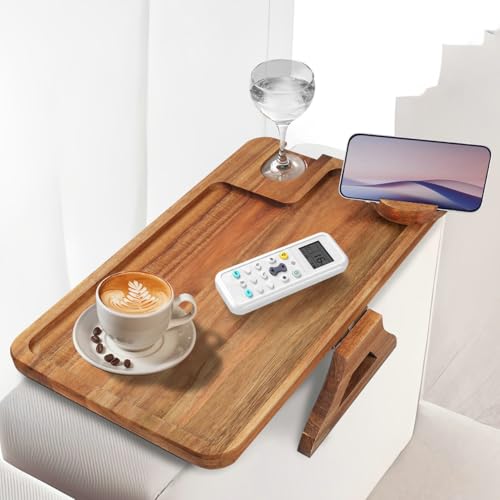 Comfoyar Sofa Arm Tray, Wooden Table Armrest Clip Sofa with Wine Glasses Holder, Folding Sofa Table with Phone Holder Rotatable 360°, Sofa Tray for Appetizers Drinks Remote Control