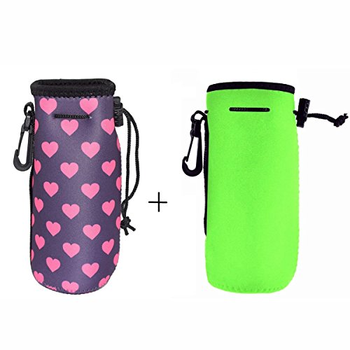 1Pack(2pcs)Protable Neoprene Insulated Water Drink Bottle Cooler Carrier Cover Sleeve Tote Bag Pouch Holder Strap for Kid Children Women Men Biker Travel Cycling Climbing Sports(Green and Rose Red)