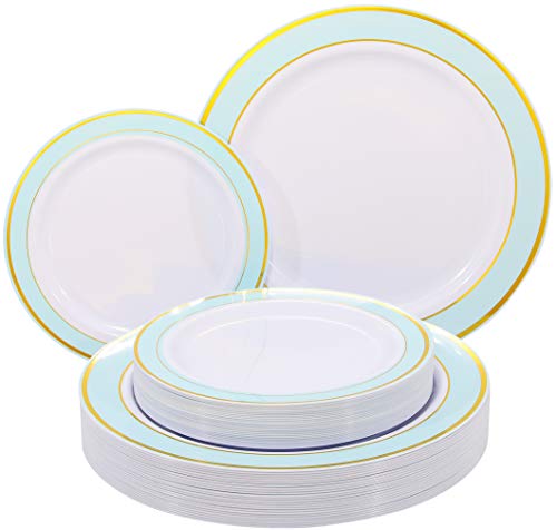 NERVURE 102 PCS Mint with Gold Rim Disposable Plates-Wedding and Party Plastic plate Include 51PCS 10.25inch Dinner Plates And 51PCS 7.5inch Dessert/Salad Plates - Value Pack 102 Count(Mint)